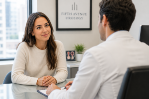 Young woman consulting with NYC urologist about endometriosis and female pelvic health